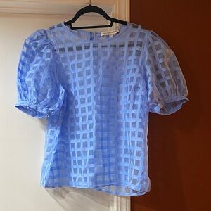 English Factory Sheer Blue Check Blouse w bubble puff sleeve